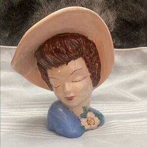 Vintage Elegant Ceramic Lady Bust with Hat - Blue and Brown